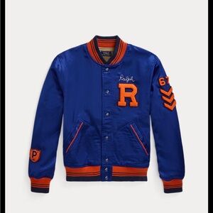 Polo by Ralph Lauren Blue Satin Varsity Jacket with Orange Trim